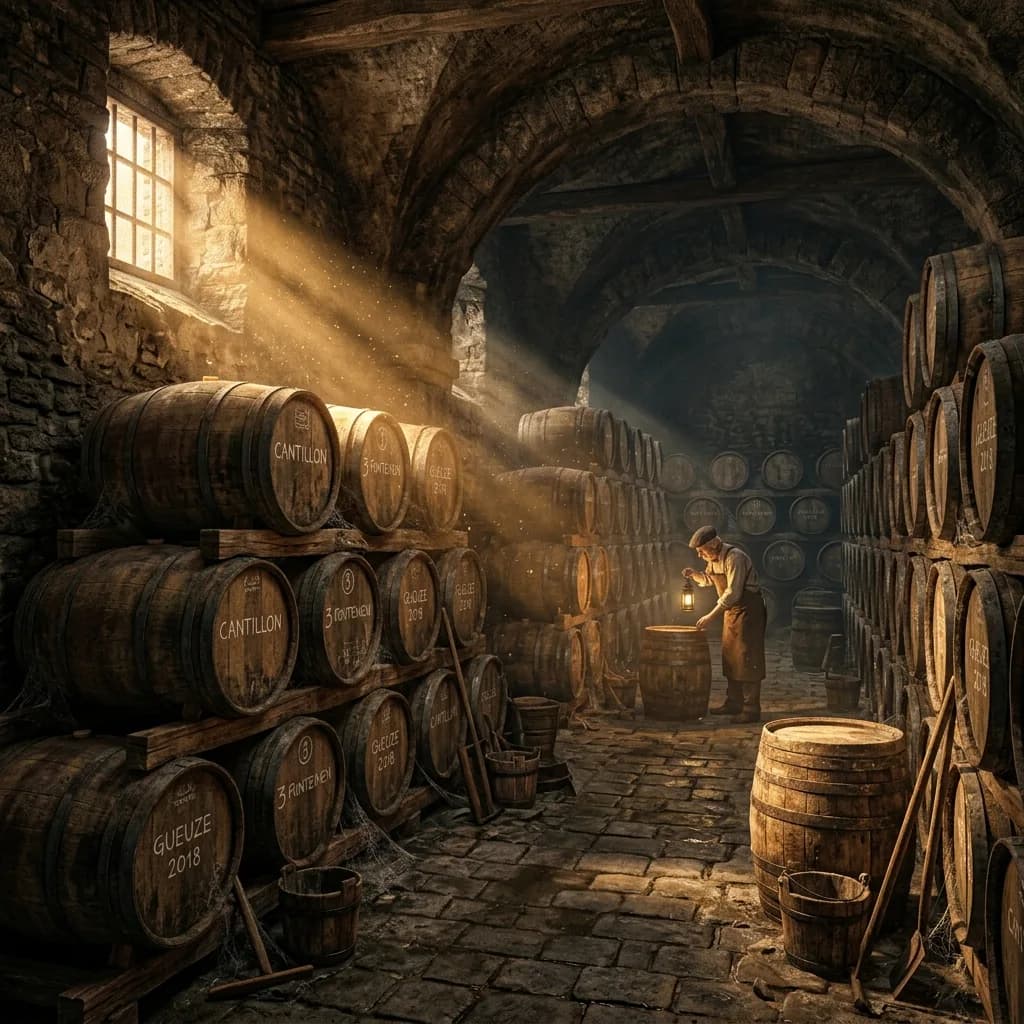 Illustrative lambic brewery cellar and brewing atmosphere for Cantillon