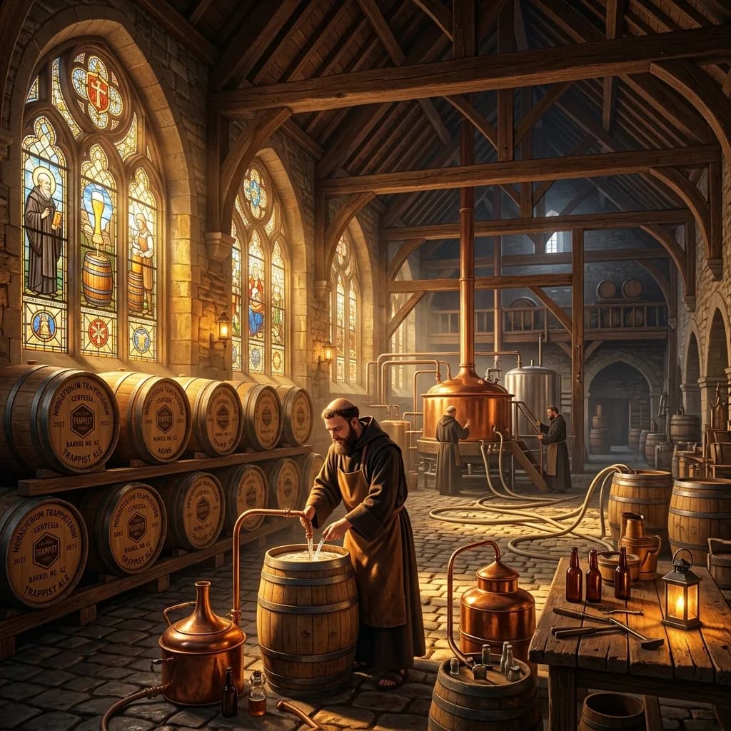Illustrative Trappist brewery and monastic courtyard atmosphere