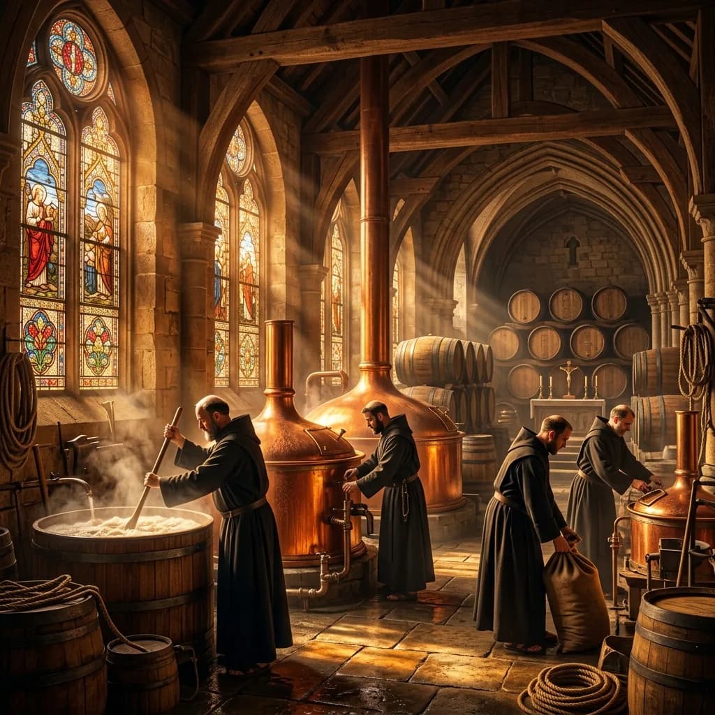 Illustrative Walloon Trappist brewhouse and abbey-linked atmosphere for Chimay